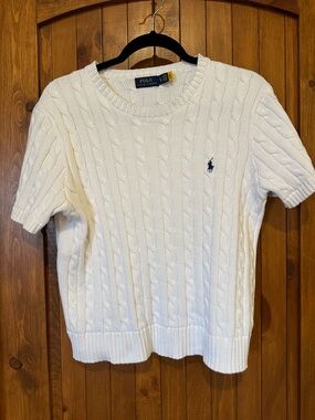 Ralph Lauren White Cable Knit Short-Sleeve Crewneck Sweater